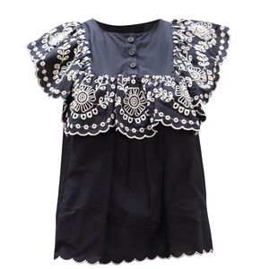 SEA NEW YORK Ruffled Broderie Anglaise Blouse In Navy Blue Cotton (101)
